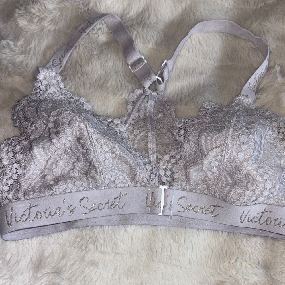 Victoria's Secret Gray Lace Bra Gold Sparkle Writing On Band Sexy Bralette small